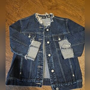 NYC Dark Blue Denim Jacket with Frayed Trim